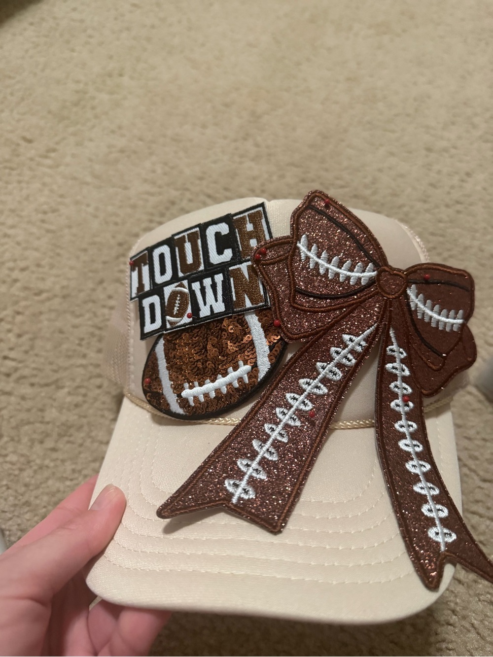 Touchdown Football Bow Beige Kids Cap